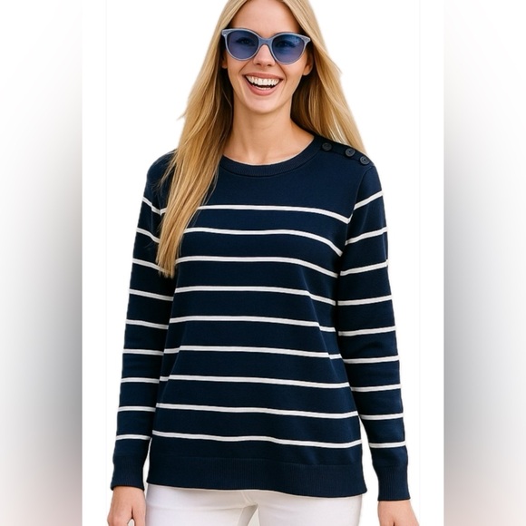 Nautica Sweaters - Nautica Navy & White Striped Cotton Sweater – Casual Nautical Style Top Blouse
